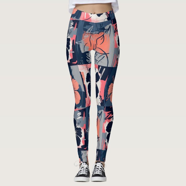 Elegant Blå Hibiskus Blommönster (7) Leggings (Framsida)