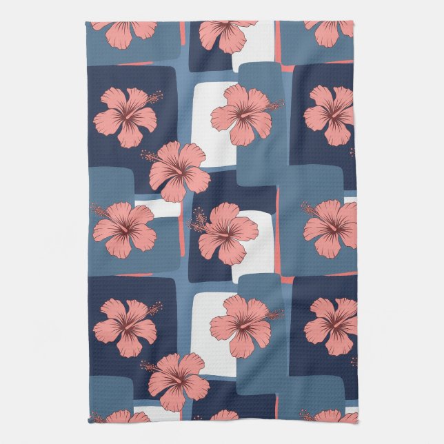 Elegant Blå Hibiskus Blommönster (8) Kökshandduk (Vertikal)