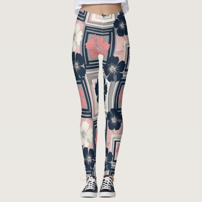 Elegant Blå Hibiskus Blommönster (9) Leggings (Framsida)