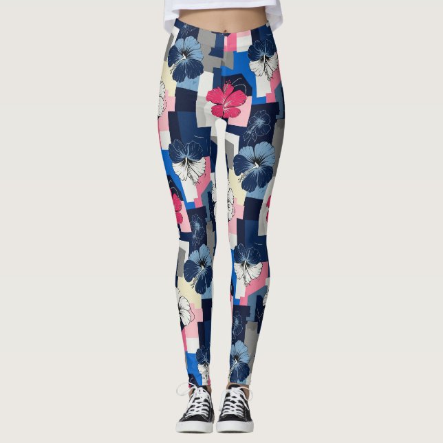 Elegant blå hibiskus blomster mönster (4) leggings (Framsida)