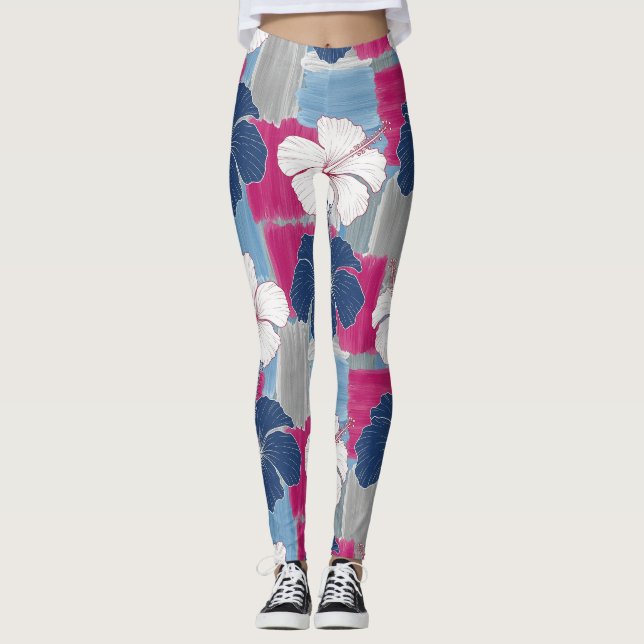Elegant blå hibiskus blomster mönster (5) leggings (Framsida)
