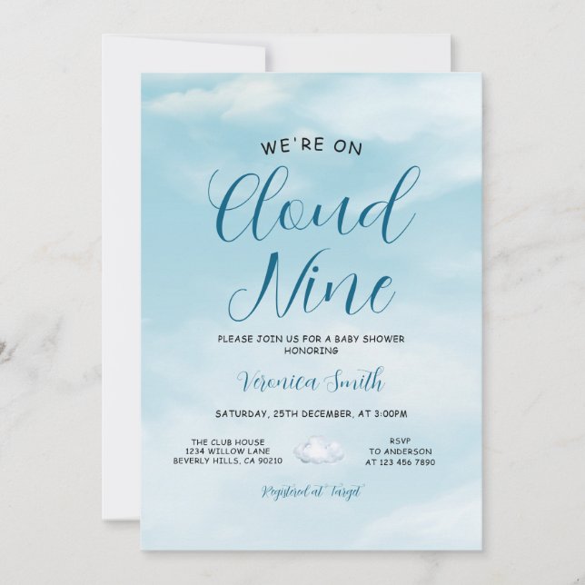 Elegant Blå Himmel Cloud Nine Baby Shower Tema Inbjudningar (Framsida)