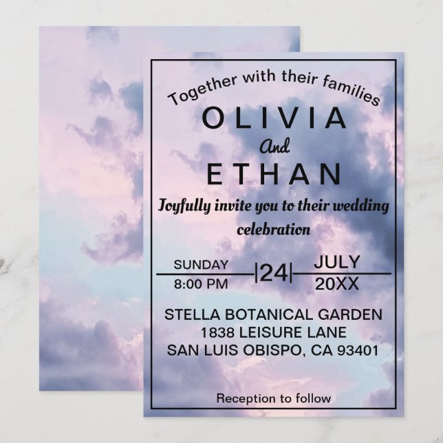 Elegant Blå himmel Clouds Romantic Bröllop Inbjudningar (Fram/baksida)