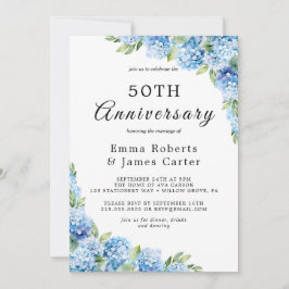 Elegant blå hortensia 50-års bröllopsjubileum inbjudningar