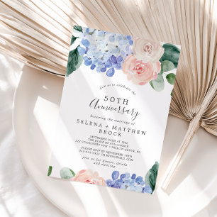 Elegant blå hortensia 50-års bröllopsjubileum inbjudningar