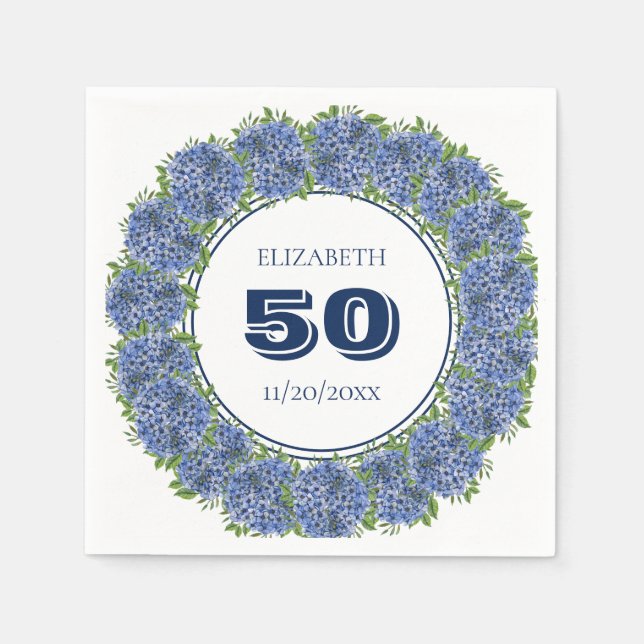Elegant Blå Hortensia 50-års Födelsedagsfest Pappersservett (Framsidan)