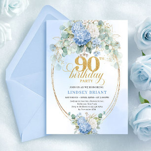 Elegant blå hortensia 90-års födelsedagsinbjudan inbjudningar