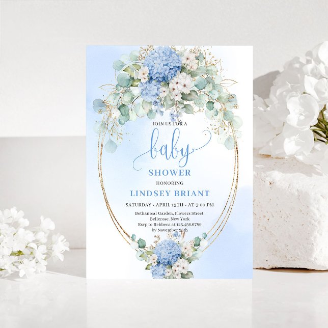 Elegant blå hortensia baby shower guld inbjudan (Elegant Blue Hydrangea Baby Shower Gold Invitation)