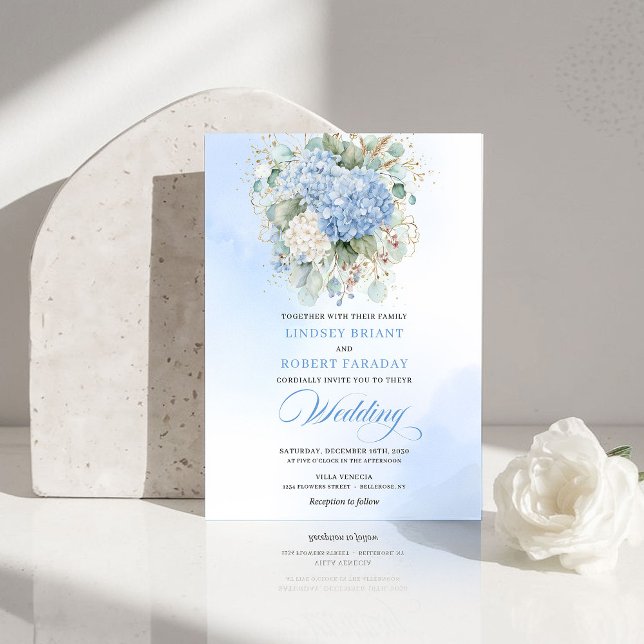 Elegant Blå Hortensia Blommig Bröllopsinbjudan Inbjudningar (Elegant Blue Hydrangea Floral Wedding Invitation)