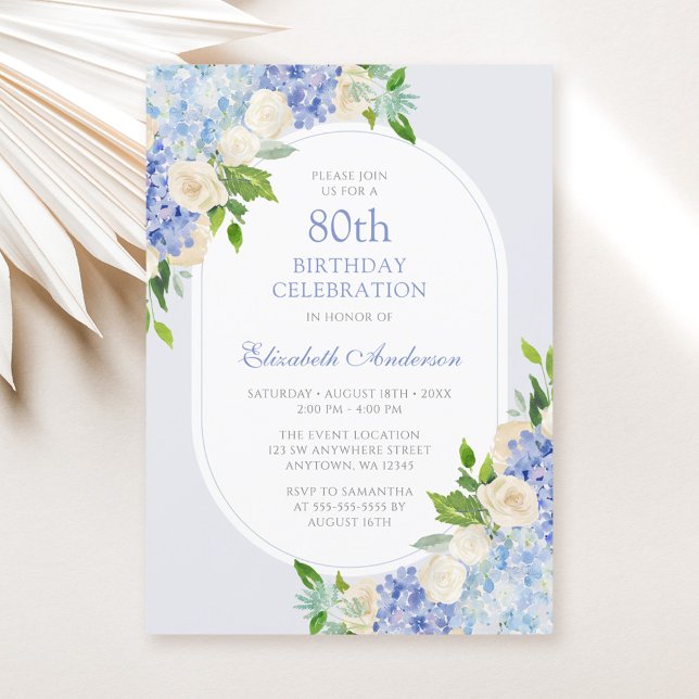 Elegant blå hortensia blomstergivare för 80-årsdag inbjudningar (Skapare uppladdad)