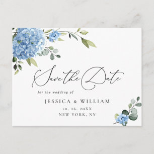 Elegant blå hortensia bröllop Save the Date Vykort
