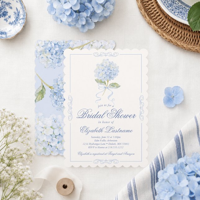 Elegant blå hortensia bröllopsdusch-inbjudan inbjudningar (Elegant Blue Hydrangea Bridal Shower Invitation)