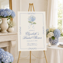 Elegant blå hortensia bröllopsdusch välkomstskylt