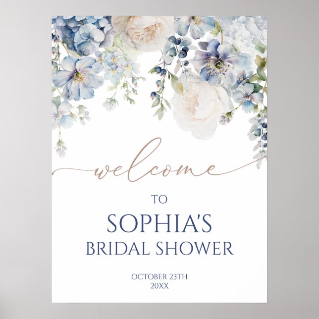 Elegant blå hortensia bröllopsdusch välkomstskylt poster (Framsidan)