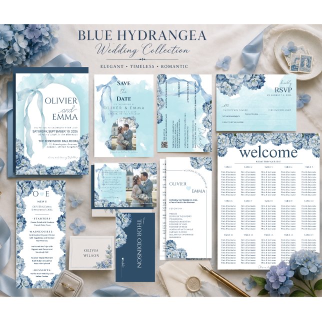 Elegant Blå Hortensia Bröllopsschema Program (Skapare uppladdad)
