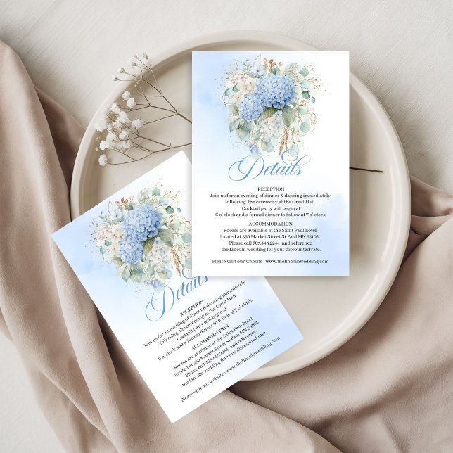 Elegant blå hortensia eukalyptus bröllopsdetaljer  OSA kort (Elegant Blue Hydrangea Eucalyptus Wedding details card)