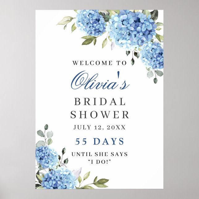 Elegant blå hortensia eukalyptus bröllopsdusch poster (Framsidan)