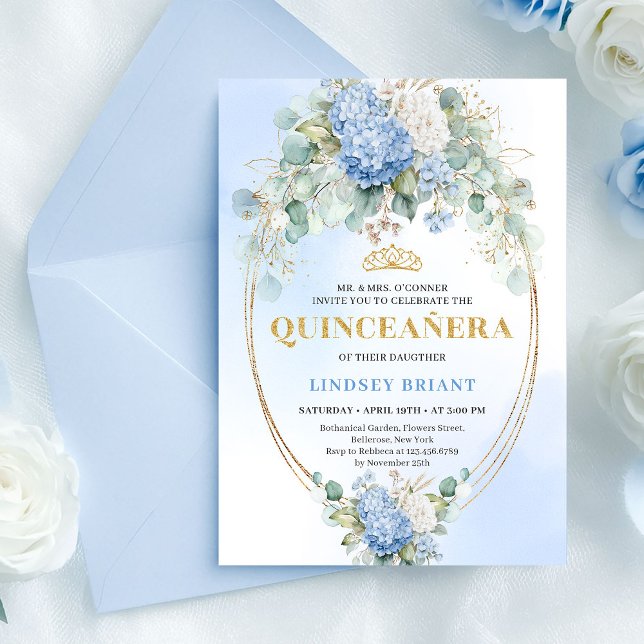 Elegant blå hortensia guld Quinceañera-inbjudan Inbjudningar (Elegant Blue Hydrangea Gold Quinceañera Invitation)