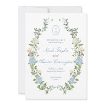 Elegant blå hortensia-monogram - Spara datum