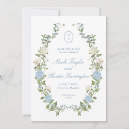 Elegant blå hortensia-monogram - Spara datum Inbjudningar