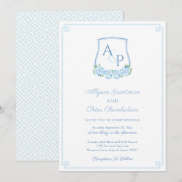 Elegant blå hortensia monogram stämpel bröllop inbjudningar