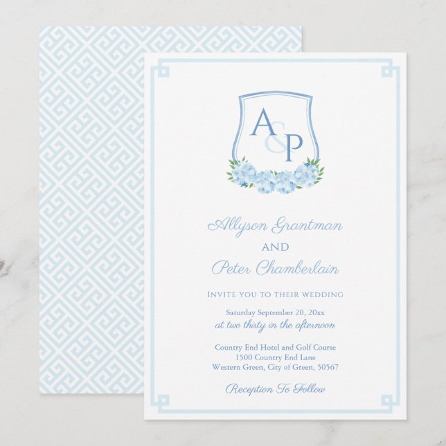 Elegant blå hortensia monogram stämpel bröllop inbjudningar (Fram/baksida)