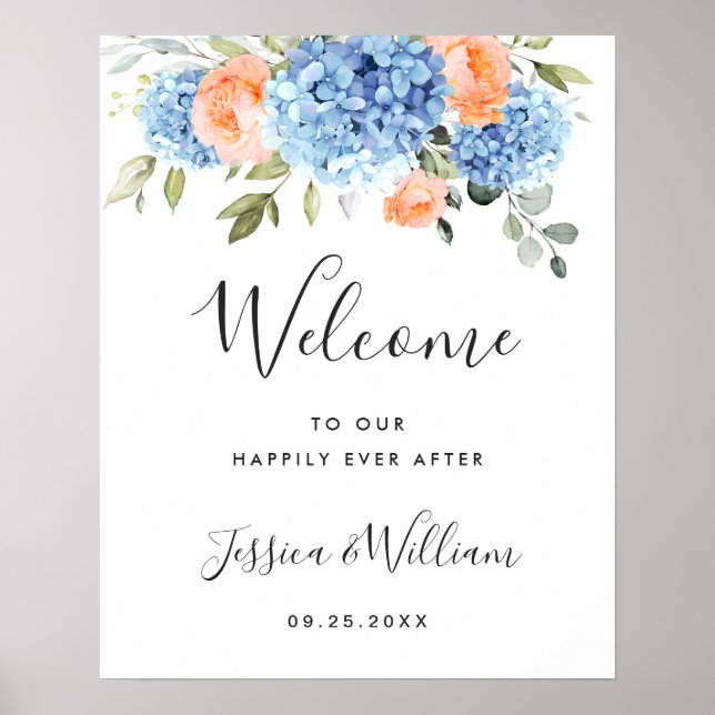 Elegant blå hortensia Rosa rosor Bröllop Poster (Framsidan)