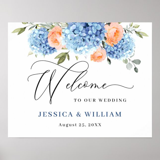 Elegant blå hortensia Rosa rosor Bröllop Poster (Framsidan)