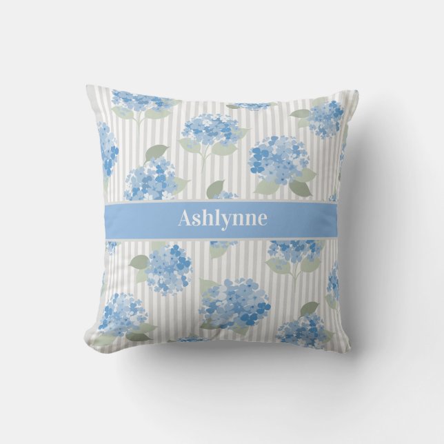Elegant Blå Hortensia Salvia Grå Randig Namn Kudde (Framsida)
