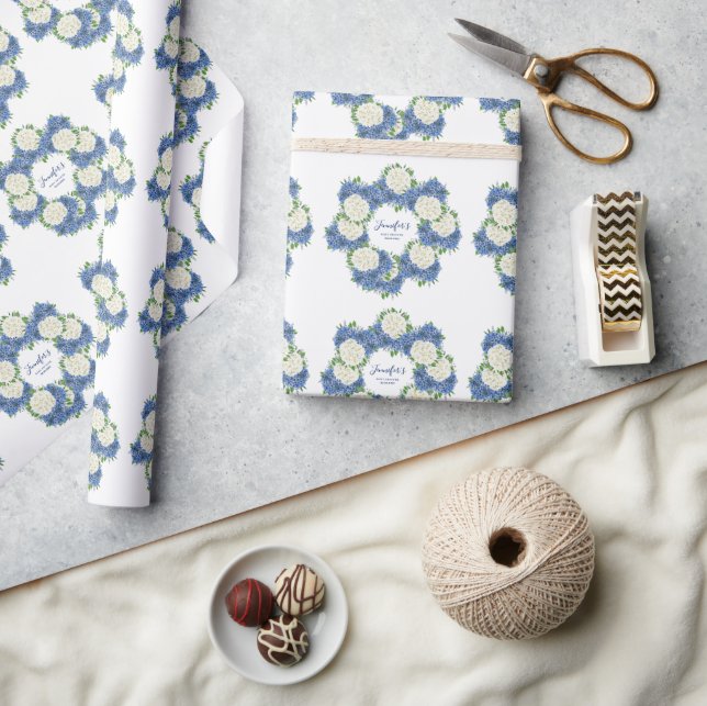 Elegant blå hortensia sommar vår baby shower presentpapper (Hantverk)