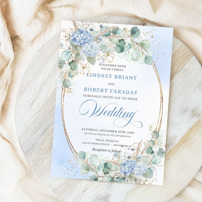 Elegant Blå Hortensia Vete Guld Oval Bröllop   Inbjudningar (Elegant Blue Hydrangea Wheat Gold Oval Wedding Invite)