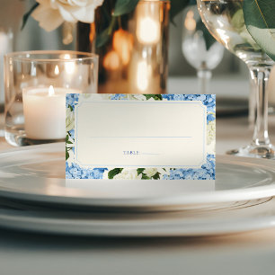 Elegant Blå Hortensia Vita Rosor Bröllop Placeringskort