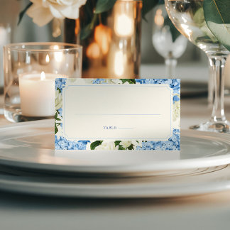 Elegant Blå Hortensia Vita Rosor Bröllop Placeringskort