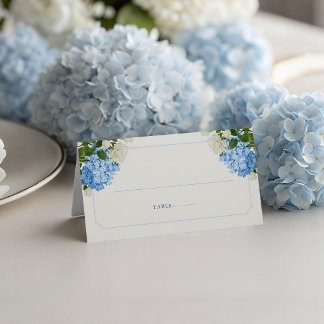 Elegant Blå Hortensia Vita Rosor Bröllop Placeringskort
