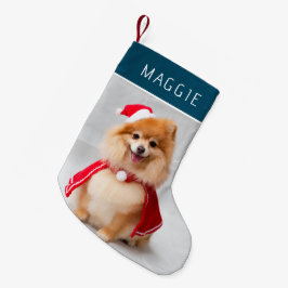 Elegant blå husdjurs hund foto anpassat namn liten julstrumpa