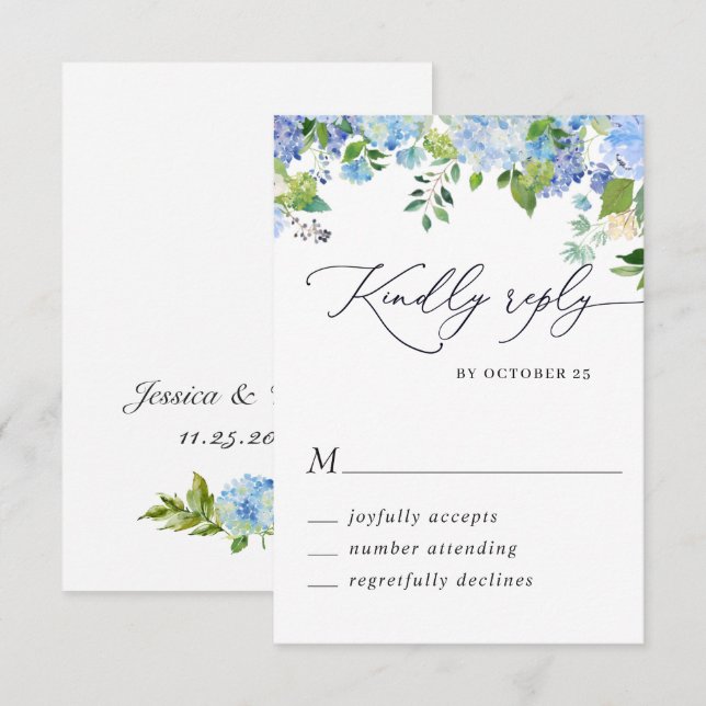 Elegant blå hydrangea akvarell bröllop OSA kort (Fram/baksida)