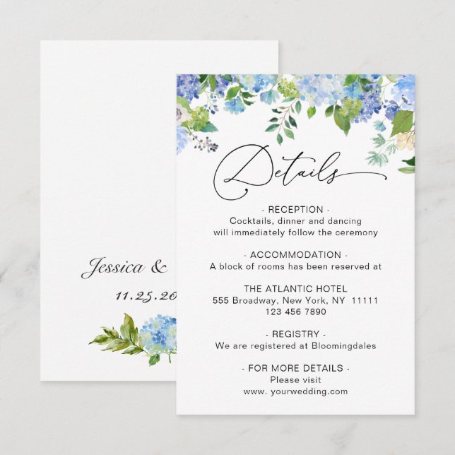 Elegant Blå Hydrangea Akvarell Bröllopsdetaljer Tilläggskort (Fram/baksida)