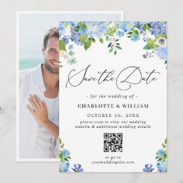 Elegant Blå Hydrangea Grönska Foto Bröllops QR Spara Datumet