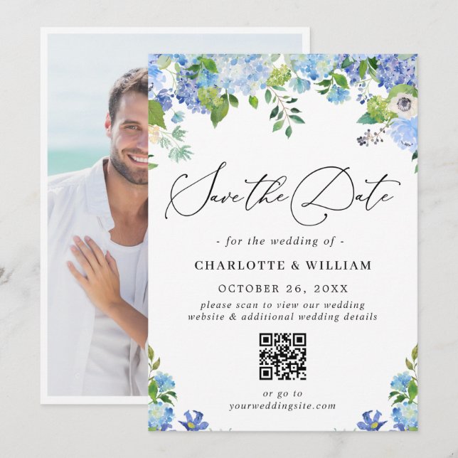 Elegant Blå Hydrangea Grönska Foto Bröllops QR Spara Datumet (Fram/baksida)
