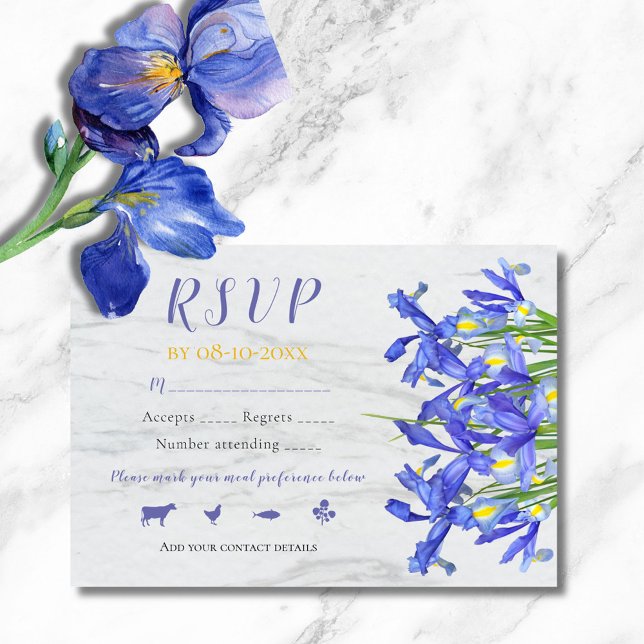Elegant Blå Iris Blommor På Grå Marmor Bröllop OSA Kort (Skapare uppladdad)
