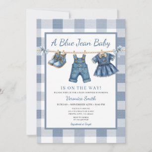 Elegant blå jeans klädstreck Denim Baby Shower Inbjudningar