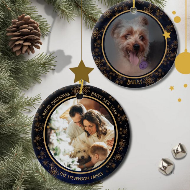 Elegant Blå jul 2-foto Julgransprydnad Keramik (Elegant Navy Blue Christmas 2 Photo Ceramic Ornament)