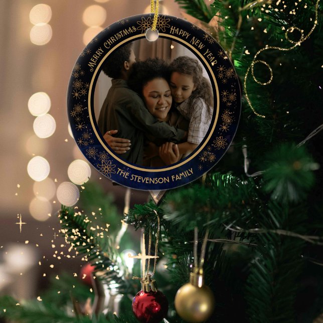 Elegant Blå jul 2-sidig utsmyckning Julgransprydnad Keramik (Elegant Navy Blue Christmas 2 sided Ornament)