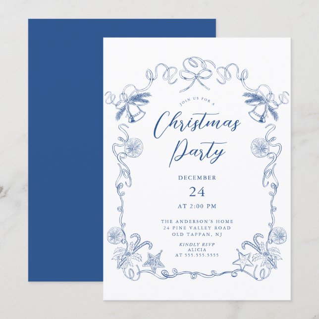 Elegant Blå Julfestinbjudan Inbjudningar (Fram/baksida)