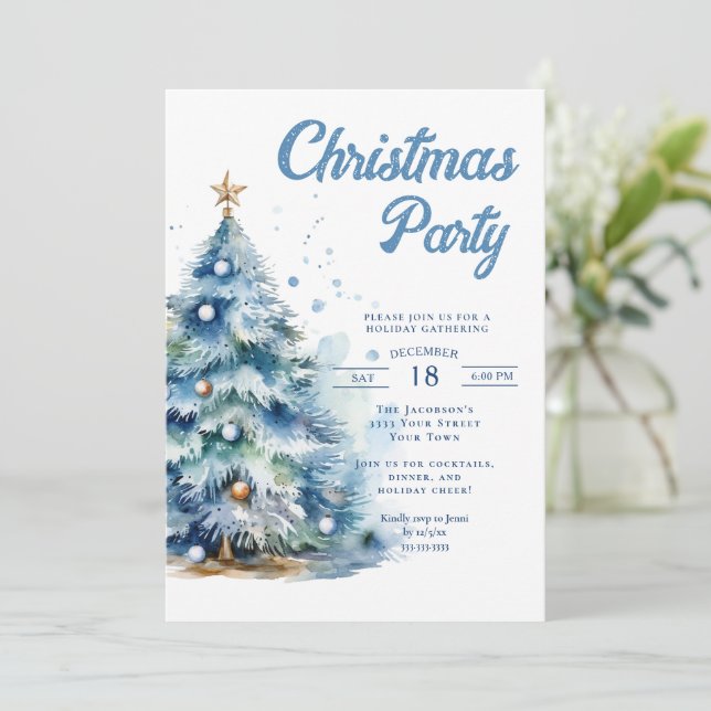 Elegant blå julgrans firande julfest inbjudningar (Stående Fram)