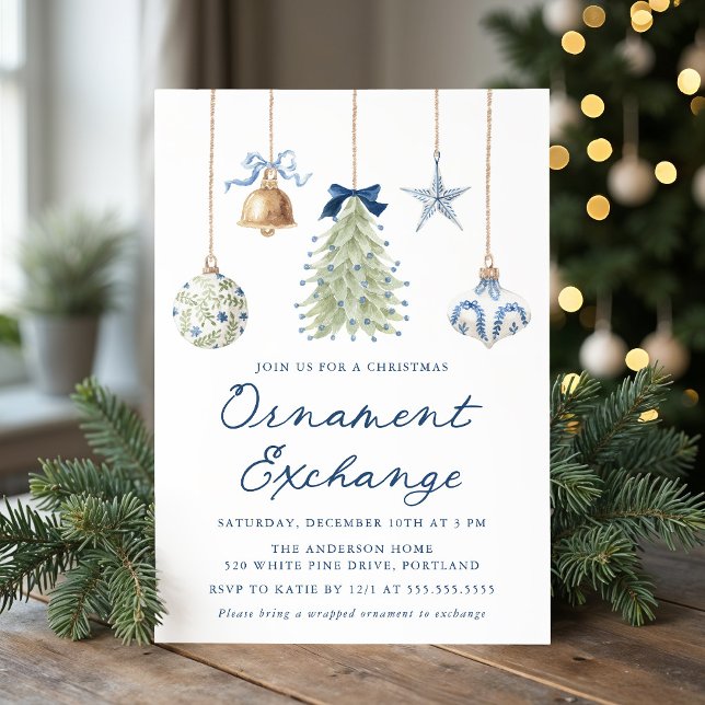 Elegant Blå Julgransprydnadsbyte Inbjudningar (Skapare uppladdad)