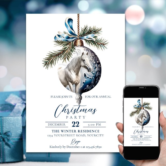 Elegant blå Julhäst Inbjudningar (Elegant blue Christmas white horse equestrian Invitation)