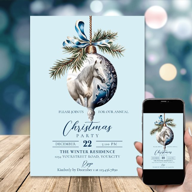 Elegant blå Julhäst Inbjudningar (Elegant blue Christmas white horse equestrian Invitation)