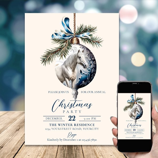 Elegant blå Julhäst Inbjudningar (Elegant blue Christmas white horse equestrian Invitation)