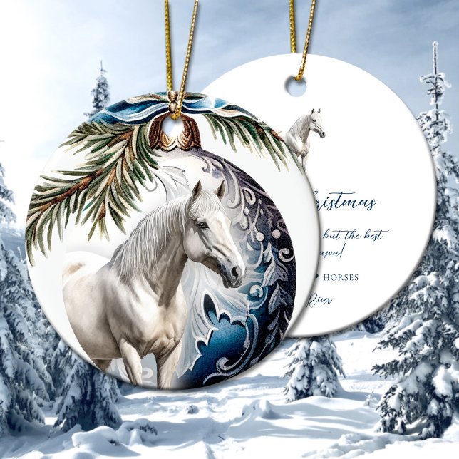 Elegant blå Julhäst Julgransprydnad Keramik (Elegant blue Christmas white horse equestrian Ceramic Ornament)